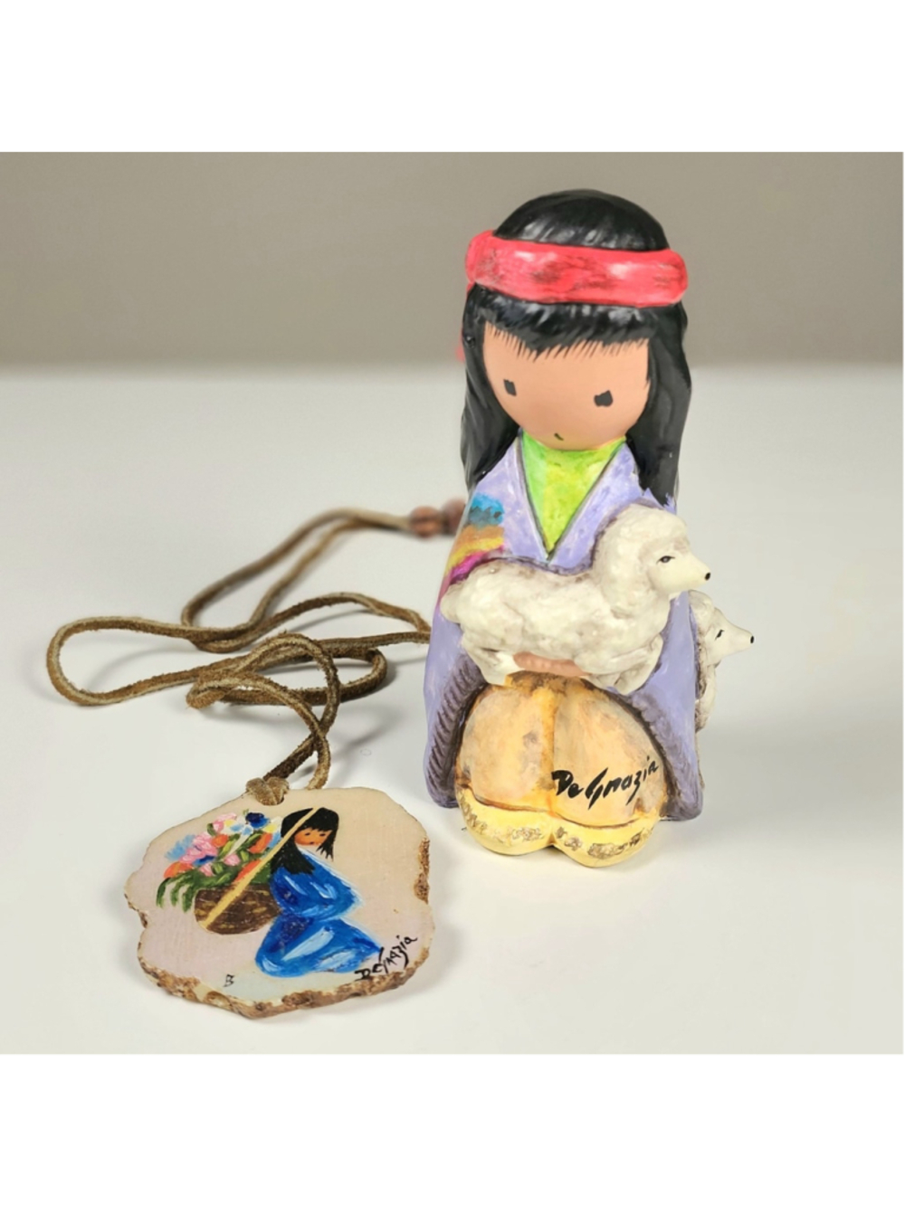 Vintage Ted DeGrazia Lot Two Little Lambs 5.5" Figurine Wood Slice Ornament 2pc
